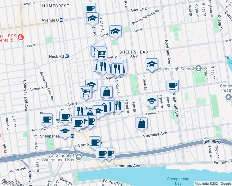 map of restaurants, bars, coffee shops, grocery stores, and more near 2499 East 21st Street in Brooklyn