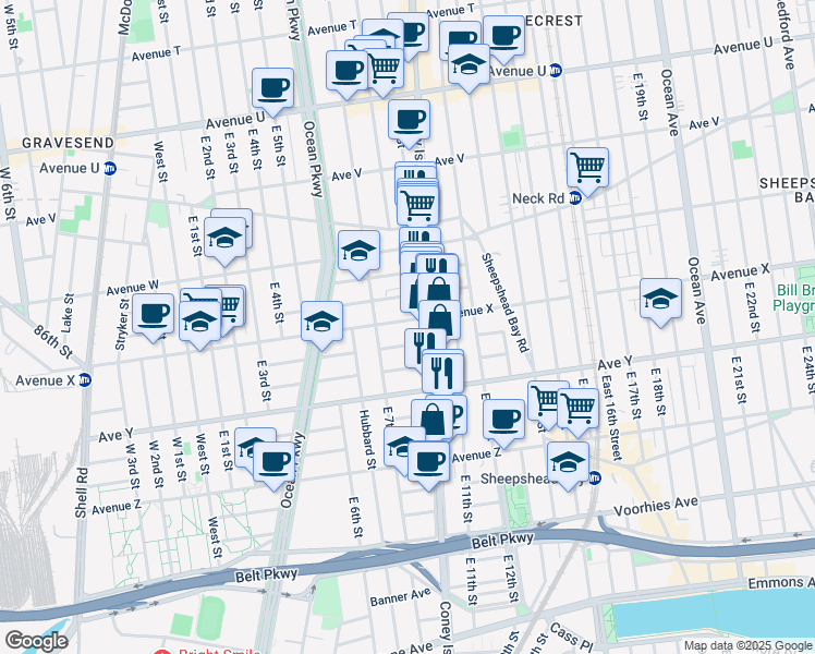map of restaurants, bars, coffee shops, grocery stores, and more near 723 Avenue X in Brooklyn
