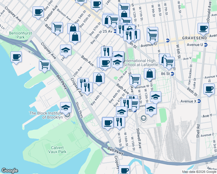 map of restaurants, bars, coffee shops, grocery stores, and more near 129A Bay 44th Street in Brooklyn