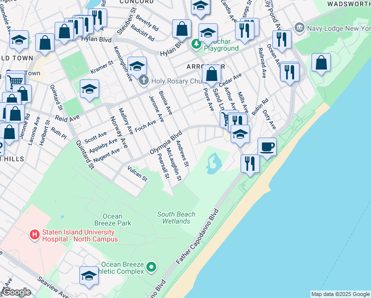 map of restaurants, bars, coffee shops, grocery stores, and more near 97 South Beach Avenue in Staten Island