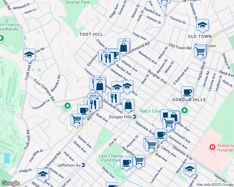 map of restaurants, bars, coffee shops, grocery stores, and more near 78F Cromwell Avenue in Staten Island