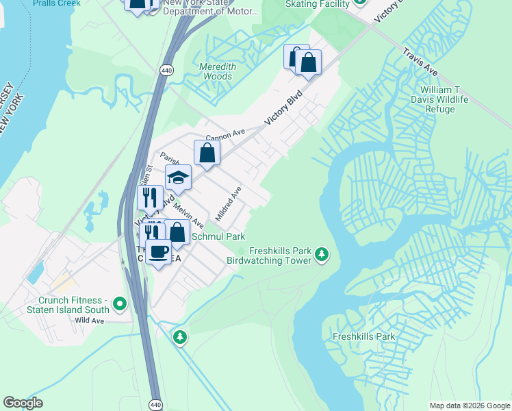 map of restaurants, bars, coffee shops, grocery stores, and more near 170 Burke Avenue in Staten Island