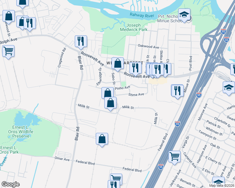 map of restaurants, bars, coffee shops, grocery stores, and more near 6 Stima Avenue in Carteret