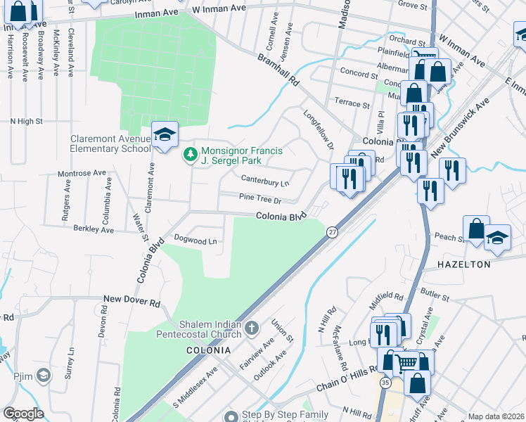 map of restaurants, bars, coffee shops, grocery stores, and more near 24 Pine Tree Drive in Woodbridge Township