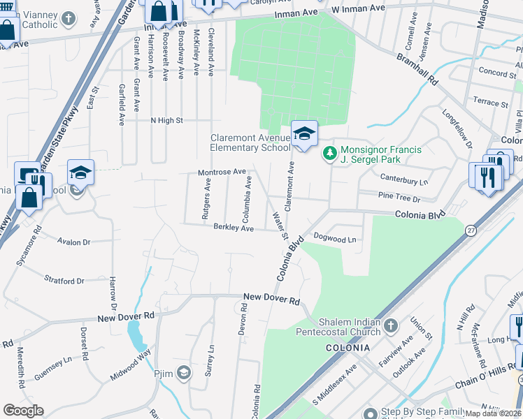 map of restaurants, bars, coffee shops, grocery stores, and more near 32 Water Street in Woodbridge Township