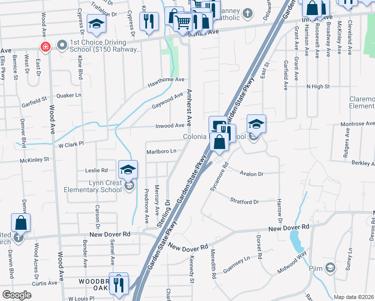 map of restaurants, bars, coffee shops, grocery stores, and more near 207 Amherst Avenue in Woodbridge Township