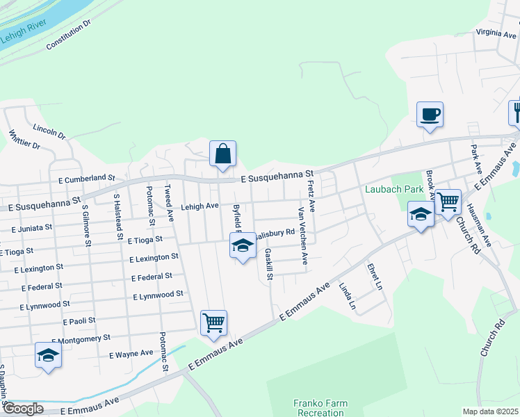 map of restaurants, bars, coffee shops, grocery stores, and more near 1222 Lehigh Avenue in Allentown