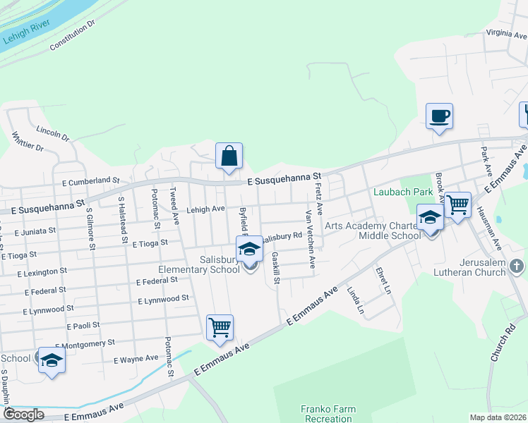 map of restaurants, bars, coffee shops, grocery stores, and more near 1222 Lehigh Avenue in Allentown