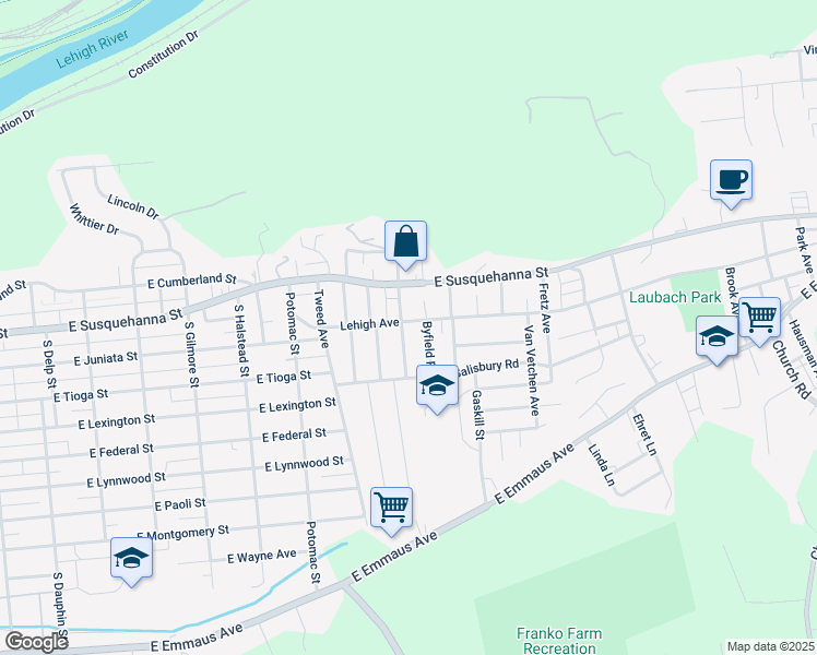 map of restaurants, bars, coffee shops, grocery stores, and more near 1242 Fairfax Street in Allentown