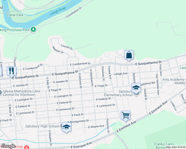 map of restaurants, bars, coffee shops, grocery stores, and more near 1215 South Halstead Street in Allentown