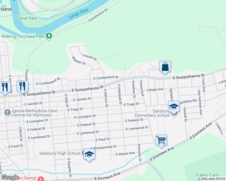 map of restaurants, bars, coffee shops, grocery stores, and more near 712 South Glynn Street in Allentown