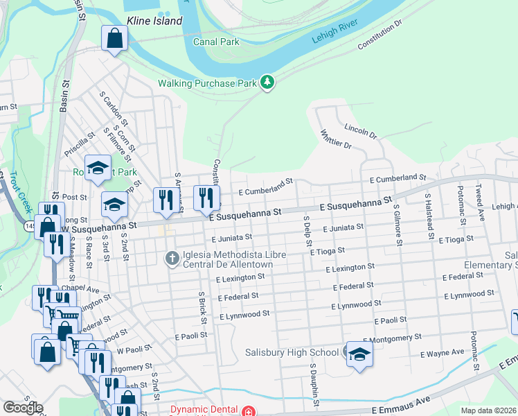 map of restaurants, bars, coffee shops, grocery stores, and more near 1120 South Carlisle Street in Allentown