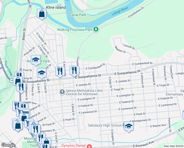 map of restaurants, bars, coffee shops, grocery stores, and more near 1120 South Carlisle Street in Allentown