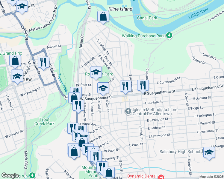 map of restaurants, bars, coffee shops, grocery stores, and more near 132 Donald Street in Allentown