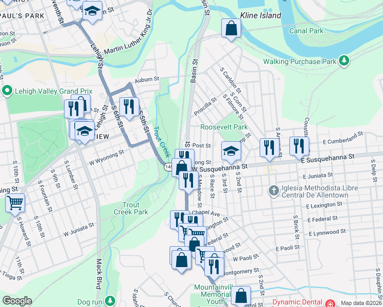 map of restaurants, bars, coffee shops, grocery stores, and more near 1010 South Meadow Street in Allentown