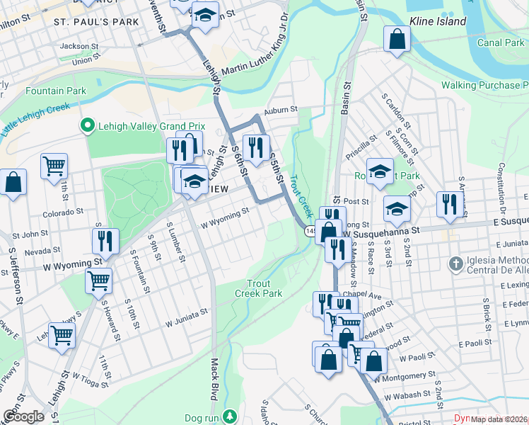 map of restaurants, bars, coffee shops, grocery stores, and more near in Allentown