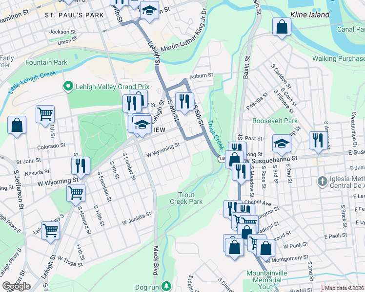 map of restaurants, bars, coffee shops, grocery stores, and more near in Allentown