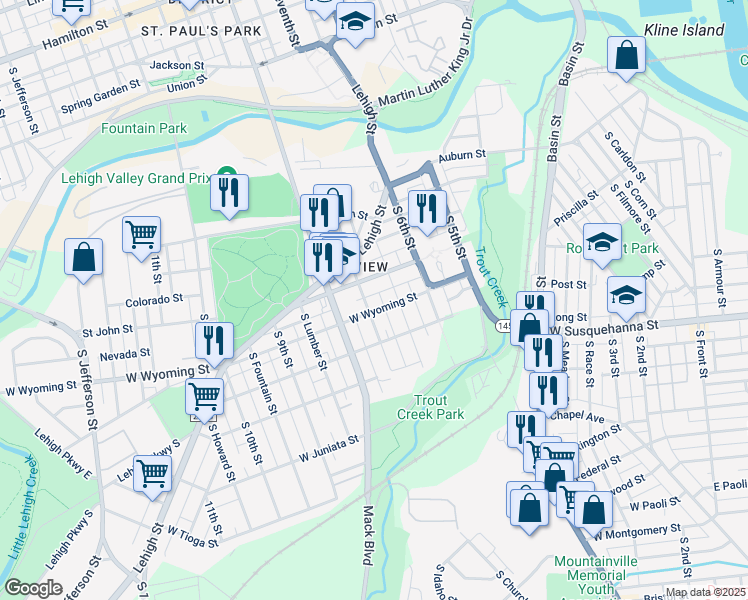 map of restaurants, bars, coffee shops, grocery stores, and more near 922 South 7th Street in Allentown