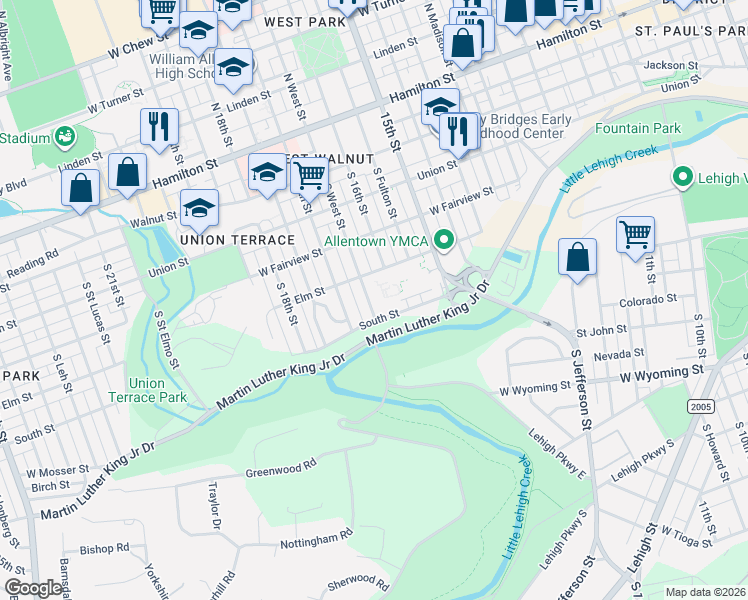 map of restaurants, bars, coffee shops, grocery stores, and more near 418 South West Street in Allentown