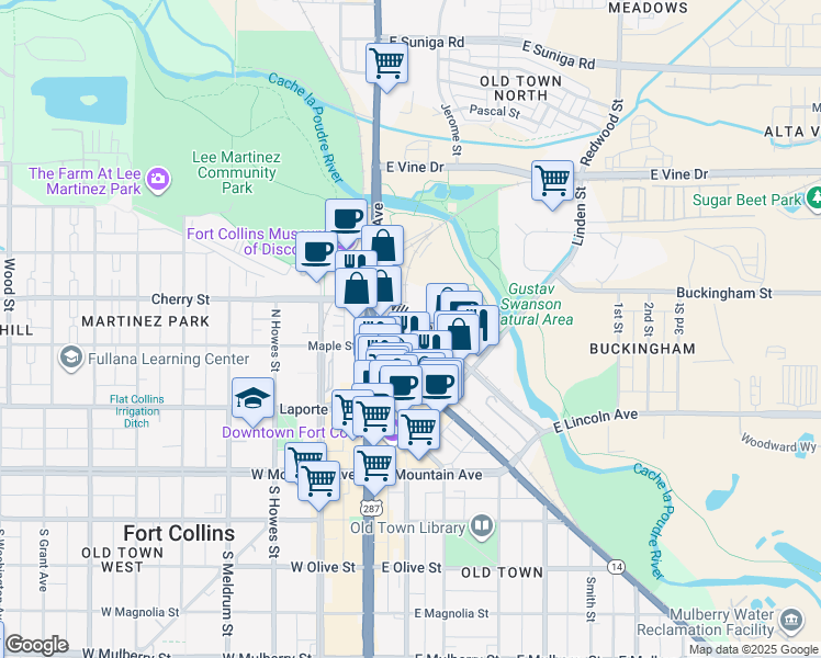 map of restaurants, bars, coffee shops, grocery stores, and more near 281 Willow Street in Fort Collins