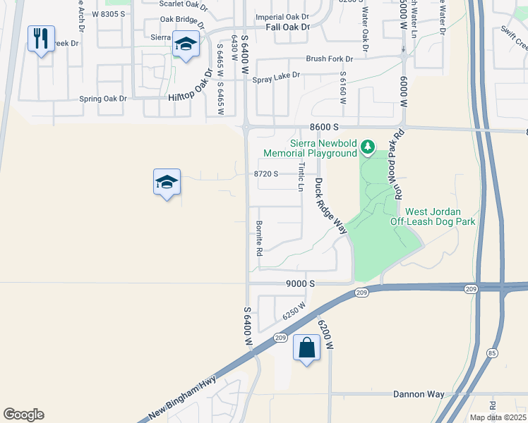 map of restaurants, bars, coffee shops, grocery stores, and more near 8813 Bornite Road in West Jordan