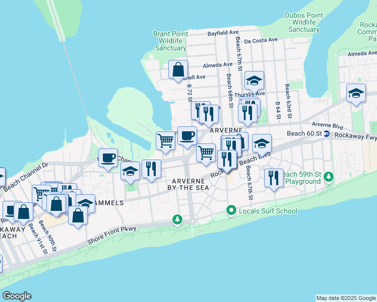 map of restaurants, bars, coffee shops, grocery stores, and more near 321 Beach 73rd Street in Queens