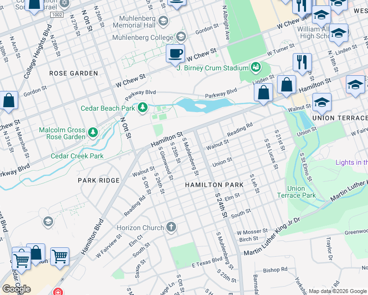 map of restaurants, bars, coffee shops, grocery stores, and more near 15 South 25th Street in Allentown