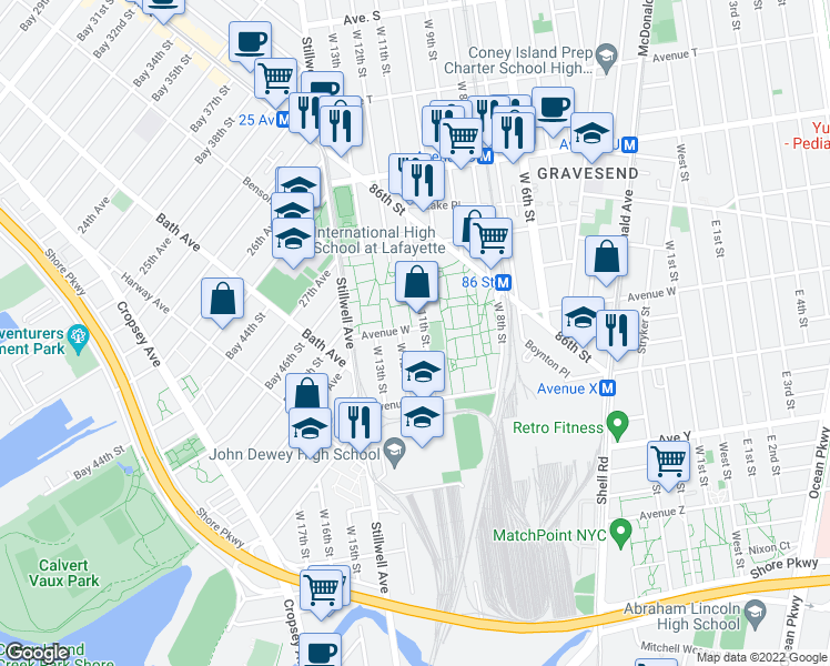 map of restaurants, bars, coffee shops, grocery stores, and more near 64 Avenue W in Brooklyn