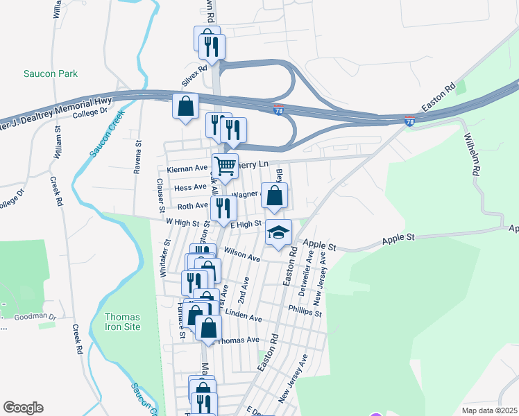 map of restaurants, bars, coffee shops, grocery stores, and more near 1541 Riegel Street in Hellertown