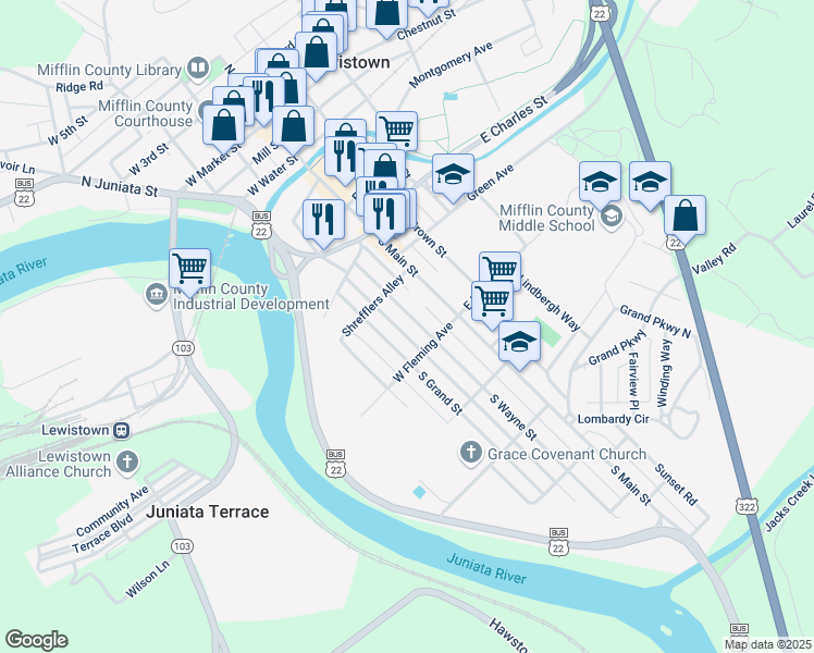 map of restaurants, bars, coffee shops, grocery stores, and more near 432 South Wayne Street in Lewistown