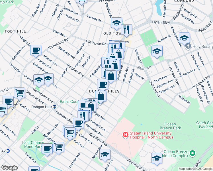 map of restaurants, bars, coffee shops, grocery stores, and more near 1511 Hylan Boulevard in Staten Island
