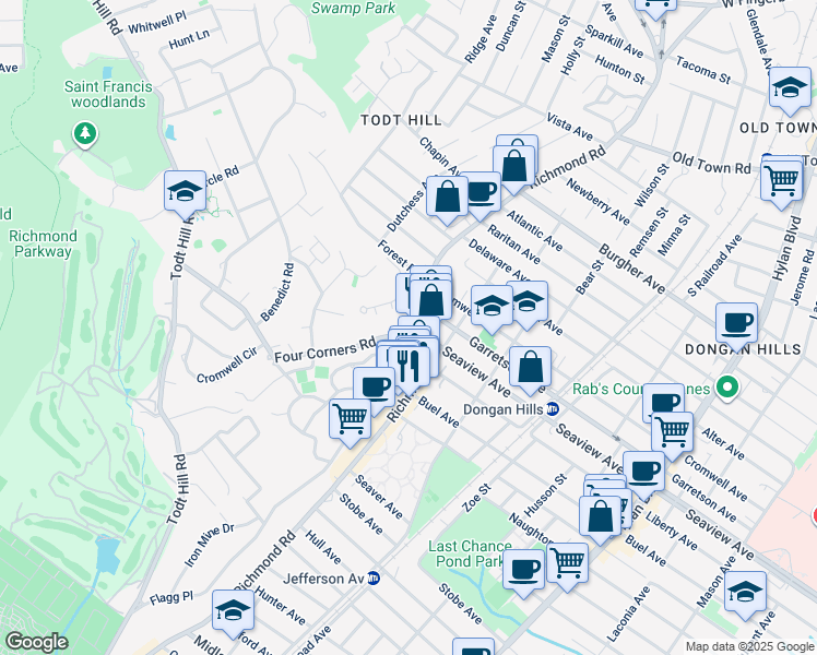 map of restaurants, bars, coffee shops, grocery stores, and more near 13 4 Corners Road in Staten Island