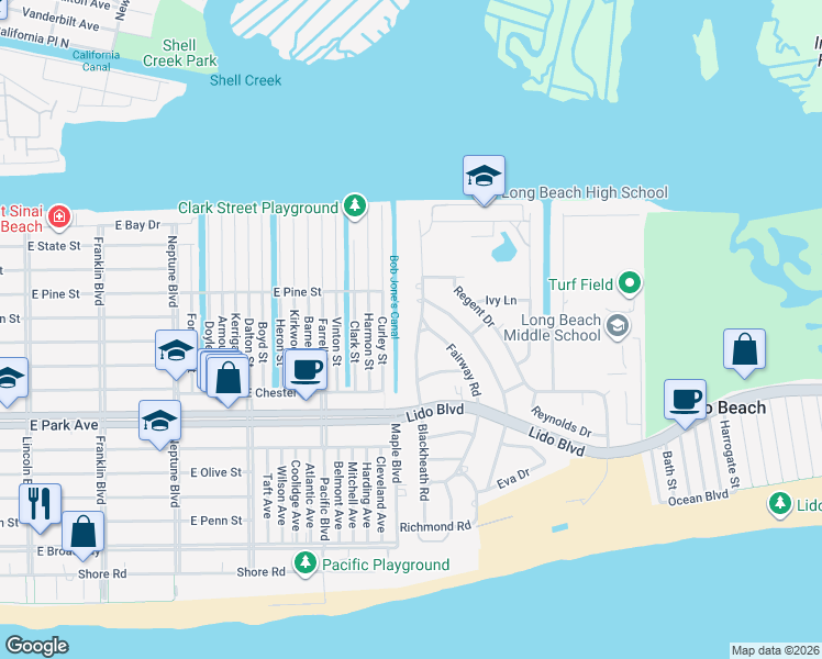 map of restaurants, bars, coffee shops, grocery stores, and more near 217 Blackheath Road in Long Beach