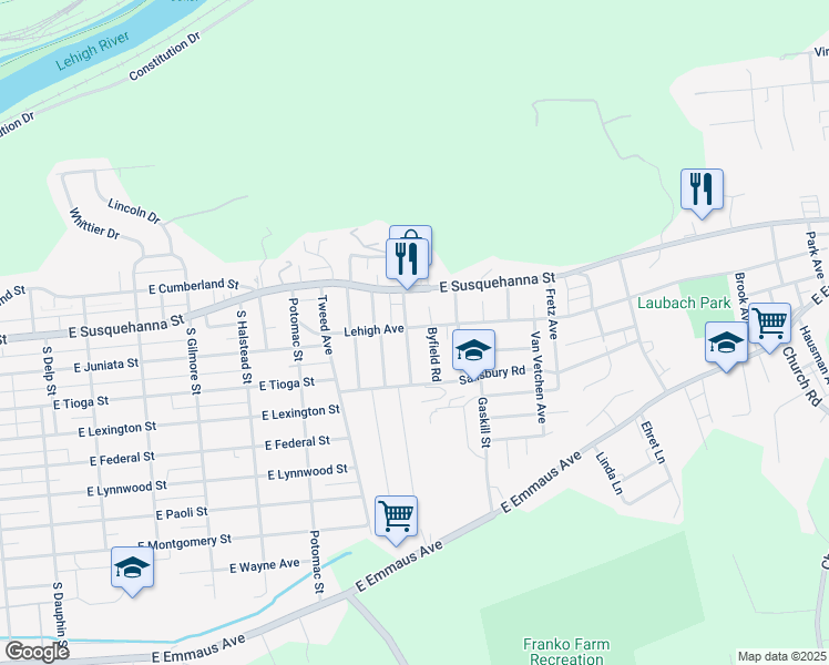 map of restaurants, bars, coffee shops, grocery stores, and more near 1242 Fairfax Street in Allentown