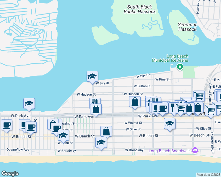map of restaurants, bars, coffee shops, grocery stores, and more near 565 Washington Boulevard in Long Beach