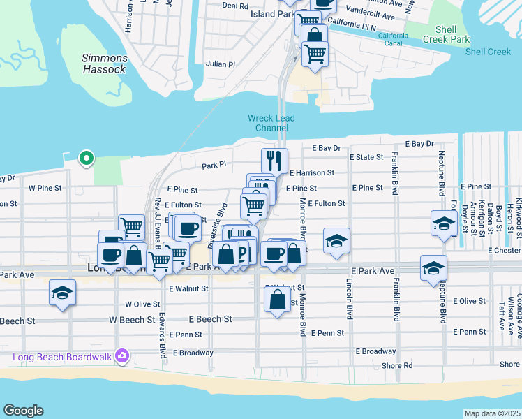 map of restaurants, bars, coffee shops, grocery stores, and more near 555 Long Beach Boulevard in Long Beach