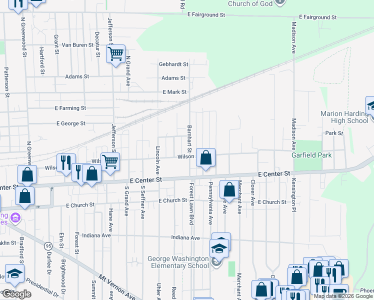 map of restaurants, bars, coffee shops, grocery stores, and more near 194 Benton Place in Marion