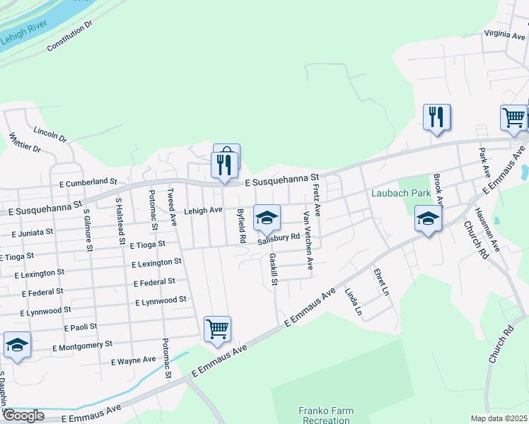 map of restaurants, bars, coffee shops, grocery stores, and more near 1222 Lehigh Avenue in Allentown