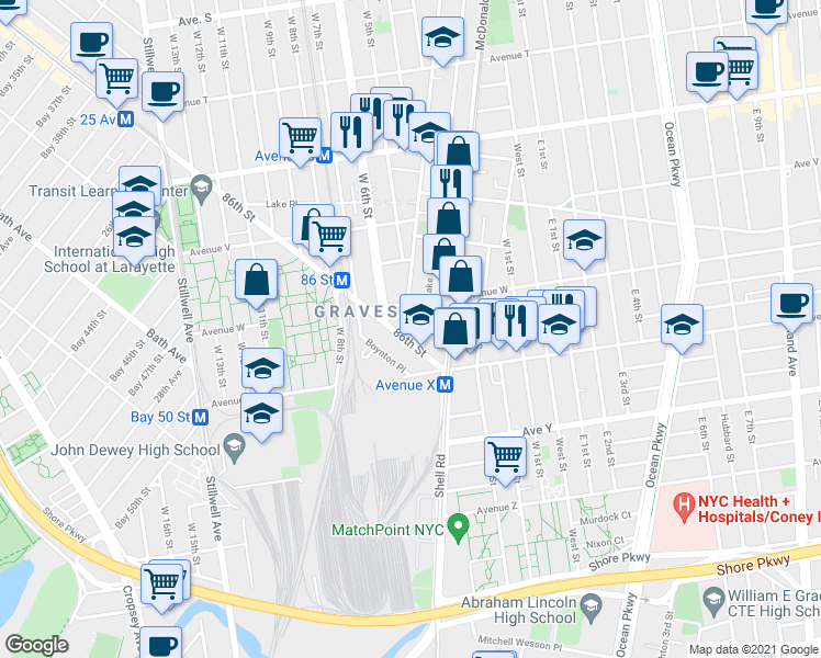 map of restaurants, bars, coffee shops, grocery stores, and more near 2911 86th Street in Brooklyn