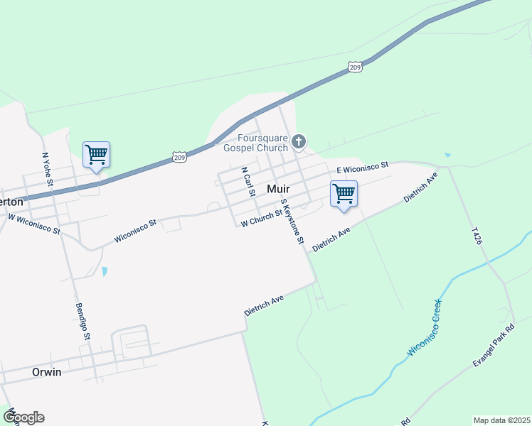 map of restaurants, bars, coffee shops, grocery stores, and more near 111 West Church Street in Muir