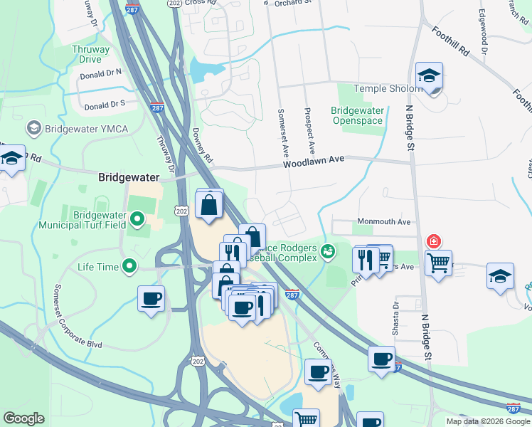 map of restaurants, bars, coffee shops, grocery stores, and more near 35 Forest Avenue in Bridgewater Township