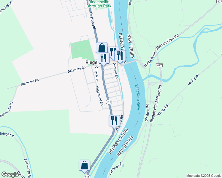 map of restaurants, bars, coffee shops, grocery stores, and more near 136 Sycamore Road in Riegelsville