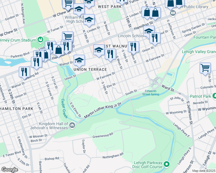 map of restaurants, bars, coffee shops, grocery stores, and more near South Beaver Street in Allentown