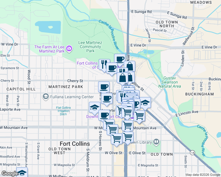 map of restaurants, bars, coffee shops, grocery stores, and more near 209 Cherry Lane in Fort Collins