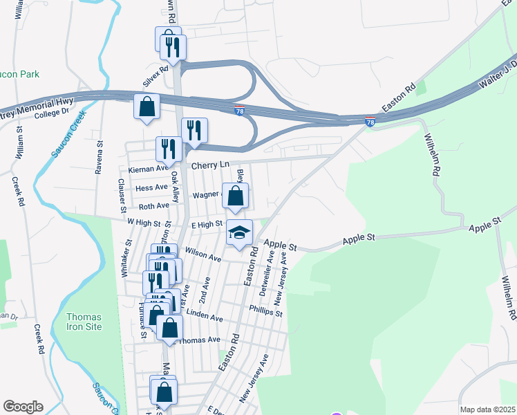map of restaurants, bars, coffee shops, grocery stores, and more near 1523 Zimpfer Lane in Hellertown