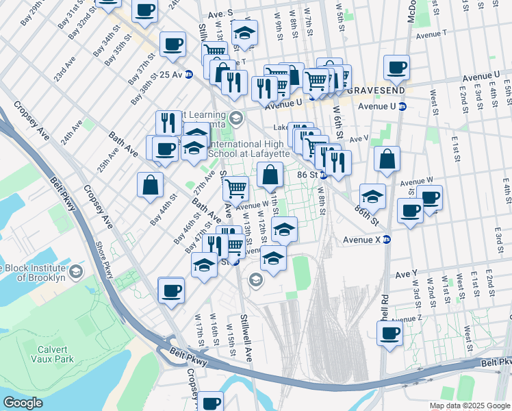 map of restaurants, bars, coffee shops, grocery stores, and more near 42 Avenue W in Brooklyn