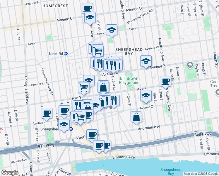 map of restaurants, bars, coffee shops, grocery stores, and more near 2503 East 21st Street in Brooklyn