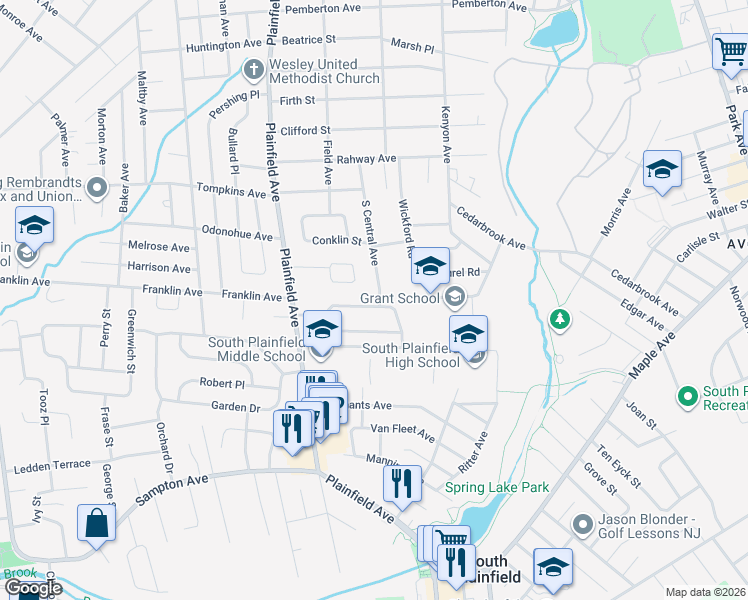 map of restaurants, bars, coffee shops, grocery stores, and more near 177 North Madison Drive in South Plainfield