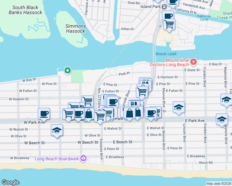 map of restaurants, bars, coffee shops, grocery stores, and more near 60 East Fulton Street in Long Beach