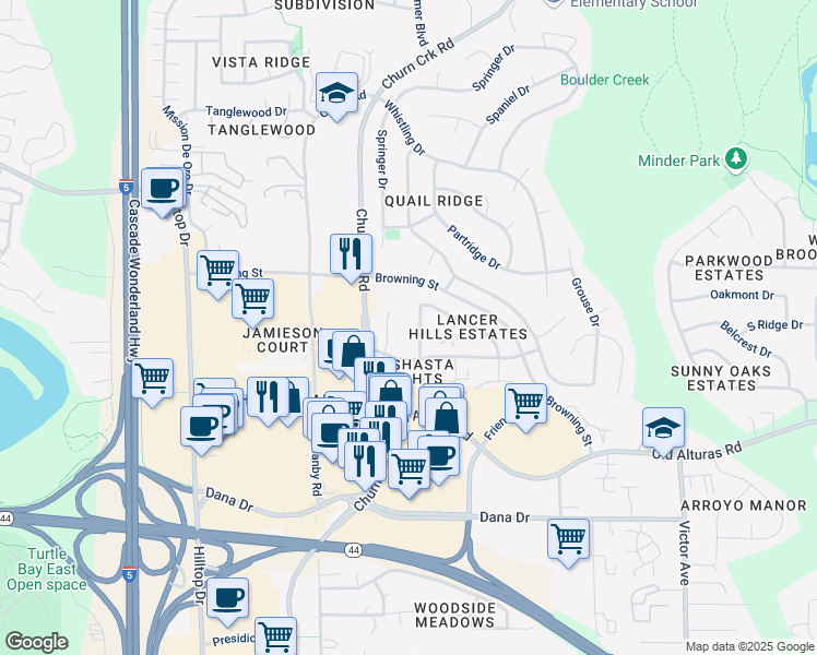 map of restaurants, bars, coffee shops, grocery stores, and more near 1148 Burton Drive in Redding
